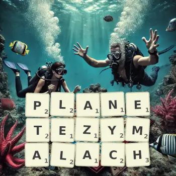 Kreatywna ilustracja do gry w Scrabble ze słowem PLANETEZYMALACH ułożonym z płytek na planszy.