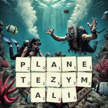 Kreatywna ilustracja do gry w Scrabble ze słowem PLANETEZYMALI ułożonym z płytek na planszy.