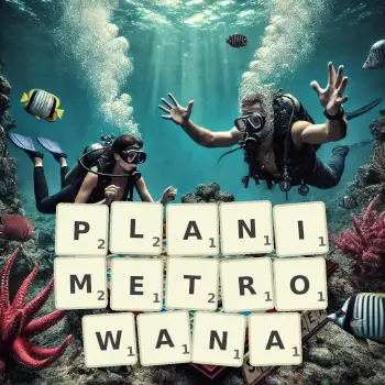 Kreatywna ilustracja do gry w Scrabble ze słowem PLANIMETROWANA ułożonym z płytek na planszy.