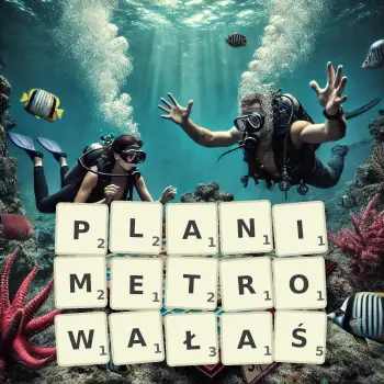 Kreatywna ilustracja do gry w Scrabble ze słowem PLANIMETROWAŁAŚ ułożonym z płytek na planszy.