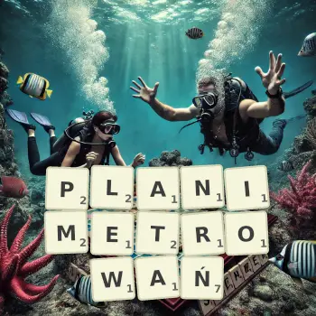 Kreatywna ilustracja do gry w Scrabble ze słowem PLANIMETROWAŃ ułożonym z płytek na planszy.