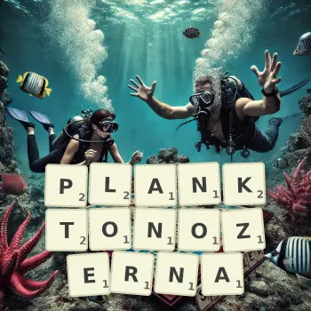 Kreatywna ilustracja do gry w Scrabble ze słowem PLANKTONOZERNA ułożonym z płytek na planszy.