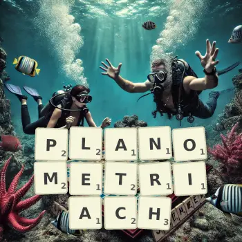 Kreatywna ilustracja do gry w Scrabble ze słowem PLANOMETRIACH ułożonym z płytek na planszy.