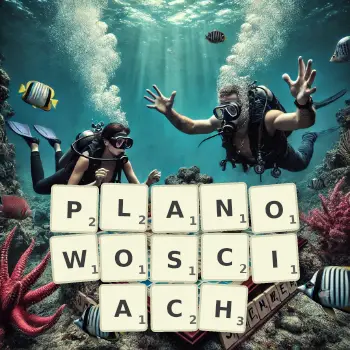 Kreatywna ilustracja do gry w Scrabble ze słowem PLANOWOSCIACH ułożonym z płytek na planszy.