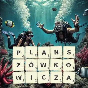 Kreatywna ilustracja do gry w Scrabble ze słowem PLANSZÓWKOWICZA ułożonym z płytek na planszy.