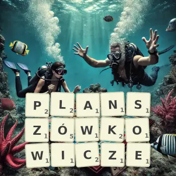 Kreatywna ilustracja do gry w Scrabble ze słowem PLANSZÓWKOWICZE ułożonym z płytek na planszy.