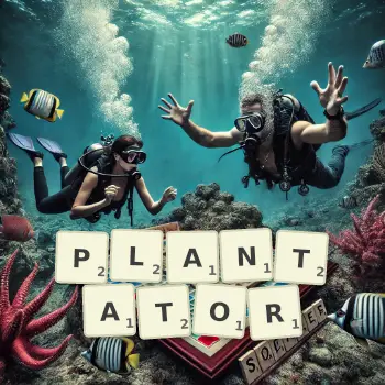 Kreatywna ilustracja do gry w Scrabble ze słowem PLANTATOR ułożonym z płytek na planszy.