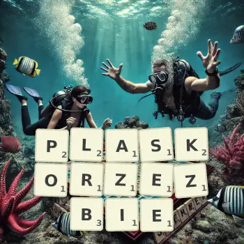 Kreatywna ilustracja do gry w Scrabble ze słowem PLASKORZEZBIE ułożonym z płytek na planszy.