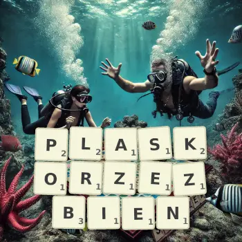 Kreatywna ilustracja do gry w Scrabble ze słowem PLASKORZEZBIEN ułożonym z płytek na planszy.