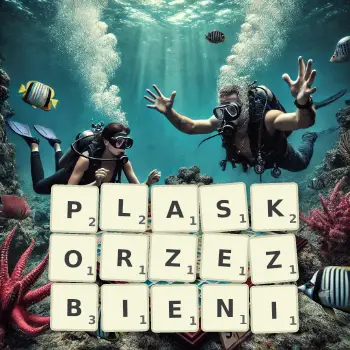 Kreatywna ilustracja do gry w Scrabble ze słowem PLASKORZEZBIENI ułożonym z płytek na planszy.