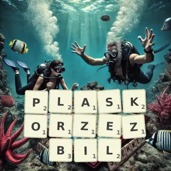 Kreatywna ilustracja do gry w Scrabble ze słowem PLASKORZEZBIL ułożonym z płytek na planszy.