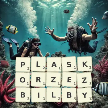 Kreatywna ilustracja do gry w Scrabble ze słowem PLASKORZEZBILBY ułożonym z płytek na planszy.