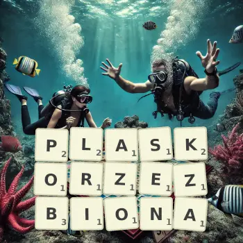 Kreatywna ilustracja do gry w Scrabble ze słowem PLASKORZEZBIONA ułożonym z płytek na planszy.
