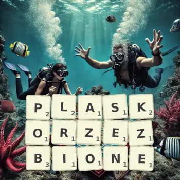 Kreatywna ilustracja do gry w Scrabble ze słowem PLASKORZEZBIONE ułożonym z płytek na planszy.