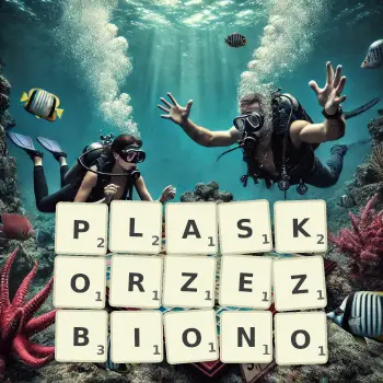 Kreatywna ilustracja do gry w Scrabble ze słowem PLASKORZEZBIONO ułożonym z płytek na planszy.