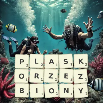 Kreatywna ilustracja do gry w Scrabble ze słowem PLASKORZEZBIONY ułożonym z płytek na planszy.