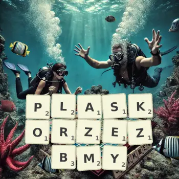 Kreatywna ilustracja do gry w Scrabble ze słowem PLASKORZEZBMY ułożonym z płytek na planszy.