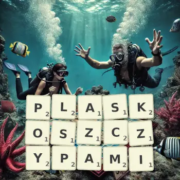 Kreatywna ilustracja do gry w Scrabble ze słowem PLASKOSZCZYPAMI ułożonym z płytek na planszy.