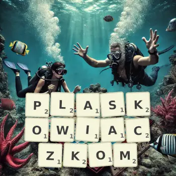 Kreatywna ilustracja do gry w Scrabble ze słowem PLASKOWIACZKOM ułożonym z płytek na planszy.