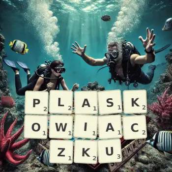 Kreatywna ilustracja do gry w Scrabble ze słowem PLASKOWIACZKU ułożonym z płytek na planszy.