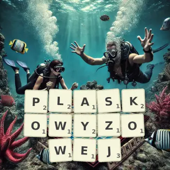 Kreatywna ilustracja do gry w Scrabble ze słowem PLASKOWYZOWEJ ułożonym z płytek na planszy.