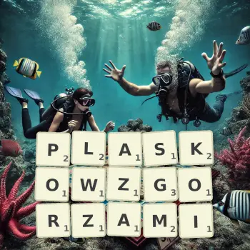 Kreatywna ilustracja do gry w Scrabble ze słowem PLASKOWZGORZAMI ułożonym z płytek na planszy.