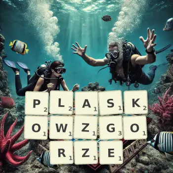 Kreatywna ilustracja do gry w Scrabble ze słowem PLASKOWZGORZE ułożonym z płytek na planszy.