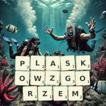 Kreatywna ilustracja do gry w Scrabble ze słowem PLASKOWZGORZEM ułożonym z płytek na planszy.