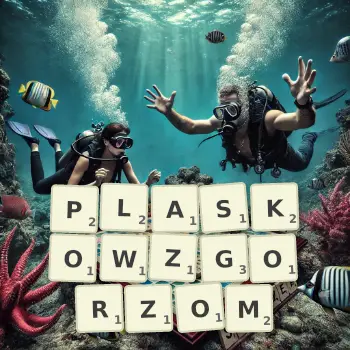 Kreatywna ilustracja do gry w Scrabble ze słowem PLASKOWZGORZOM ułożonym z płytek na planszy.