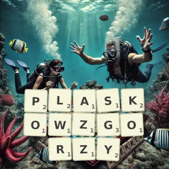 Kreatywna ilustracja do gry w Scrabble ze słowem PLASKOWZGORZY ułożonym z płytek na planszy.