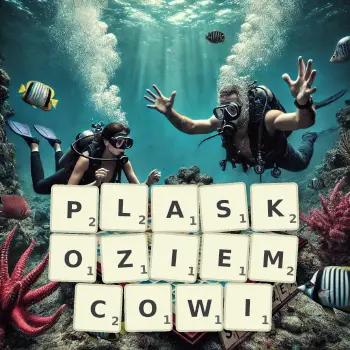 Kreatywna ilustracja do gry w Scrabble ze słowem PLASKOZIEMCOWI ułożonym z płytek na planszy.