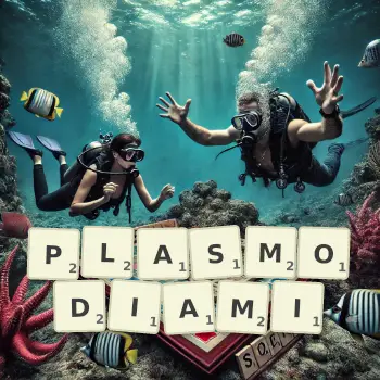 Kreatywna ilustracja do gry w Scrabble ze słowem PLASMODIAMI ułożonym z płytek na planszy.