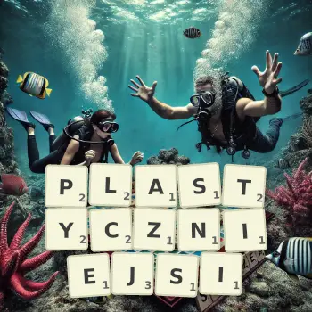 Kreatywna ilustracja do gry w Scrabble ze słowem PLASTYCZNIEJSI ułożonym z płytek na planszy.