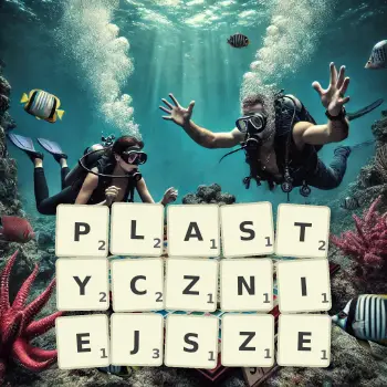 Kreatywna ilustracja do gry w Scrabble ze słowem PLASTYCZNIEJSZE ułożonym z płytek na planszy.