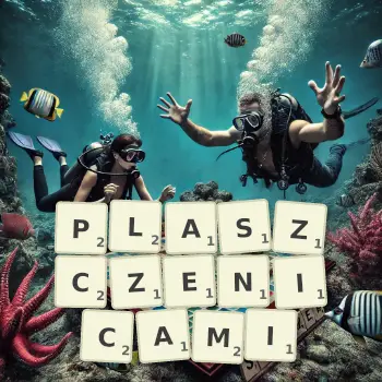 Kreatywna ilustracja do gry w Scrabble ze słowem PLASZCZENICAMI ułożonym z płytek na planszy.