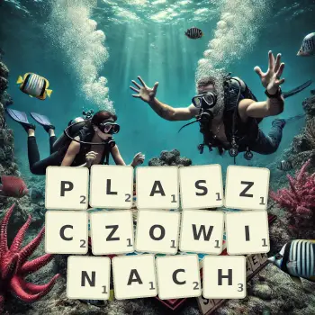 Kreatywna ilustracja do gry w Scrabble ze słowem PLASZCZOWINACH ułożonym z płytek na planszy.