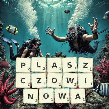 Kreatywna ilustracja do gry w Scrabble ze słowem PLASZCZOWINOWA ułożonym z płytek na planszy.