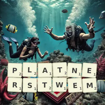 Kreatywna ilustracja do gry w Scrabble ze słowem PLATNERSTWEM ułożonym z płytek na planszy.