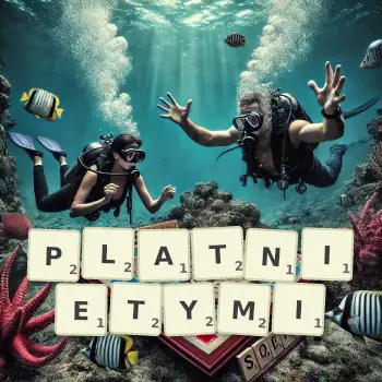 Kreatywna ilustracja do gry w Scrabble ze słowem PLATNIETYMI ułożonym z płytek na planszy.