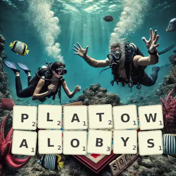 Kreatywna ilustracja do gry w Scrabble ze słowem PLATOWALOBYS ułożonym z płytek na planszy.