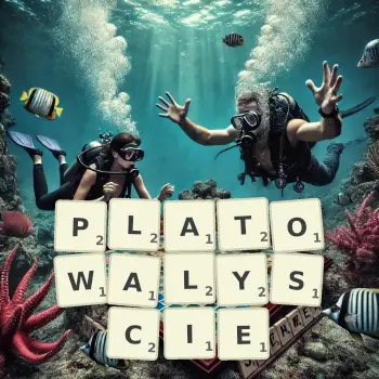Kreatywna ilustracja do gry w Scrabble ze słowem PLATOWALYSCIE ułożonym z płytek na planszy.