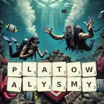 Kreatywna ilustracja do gry w Scrabble ze słowem PLATOWALYSMY ułożonym z płytek na planszy.