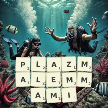Kreatywna ilustracja do gry w Scrabble ze słowem PLAZMALEMMAMI ułożonym z płytek na planszy.