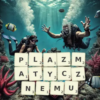 Kreatywna ilustracja do gry w Scrabble ze słowem PLAZMATYCZNEMU ułożonym z płytek na planszy.