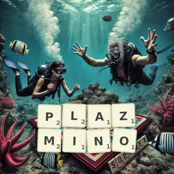 Kreatywna ilustracja do gry w Scrabble ze słowem PLAZMINO ułożonym z płytek na planszy.