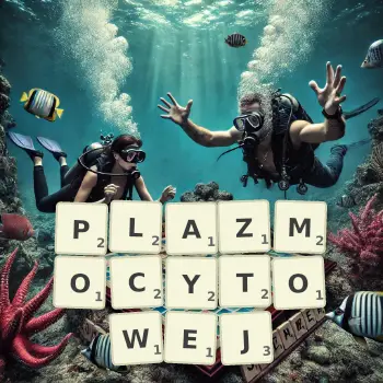 Kreatywna ilustracja do gry w Scrabble ze słowem PLAZMOCYTOWEJ ułożonym z płytek na planszy.