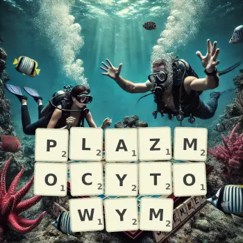 Kreatywna ilustracja do gry w Scrabble ze słowem PLAZMOCYTOWYM ułożonym z płytek na planszy.