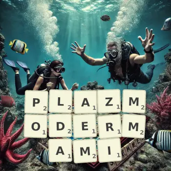Kreatywna ilustracja do gry w Scrabble ze słowem PLAZMODERMAMI ułożonym z płytek na planszy.