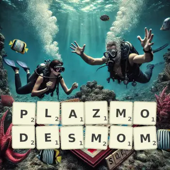 Kreatywna ilustracja do gry w Scrabble ze słowem PLAZMODESMOM ułożonym z płytek na planszy.