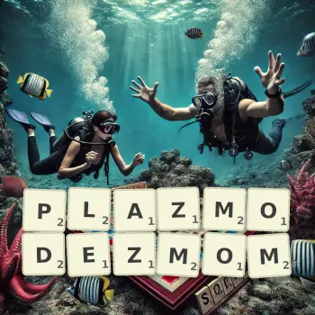 Kreatywna ilustracja do gry w Scrabble ze słowem PLAZMODEZMOM ułożonym z płytek na planszy.